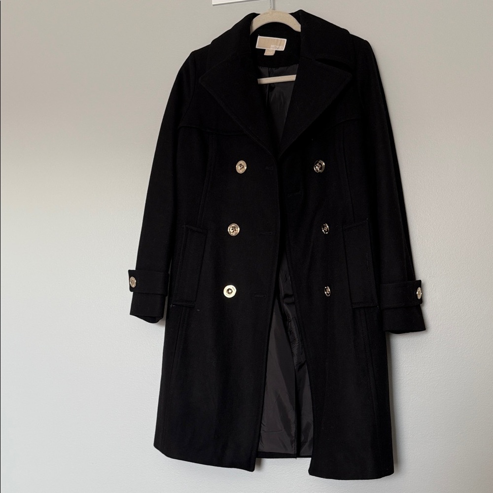 Michael Kors Black Trench Coat with Gold Buttons